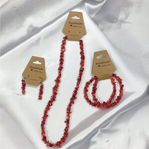 Handmade Red Chip Necklace, Bracelet & Earring Set